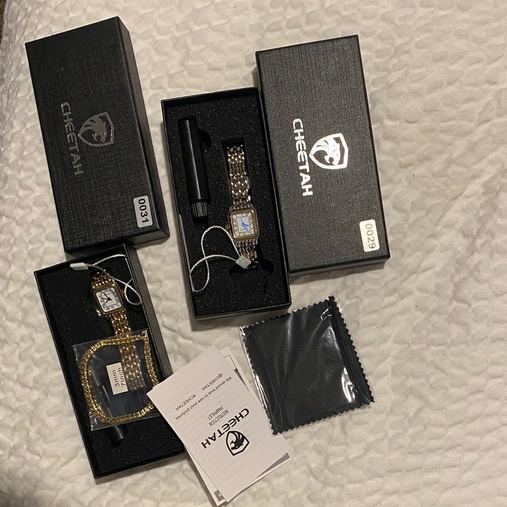 Women’s watch bundle-Cheetah Gold, Silver/Gold Rectangle Watches + 7” Bracelet.